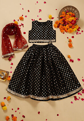Foil Printed Cotton Lehenga in Black