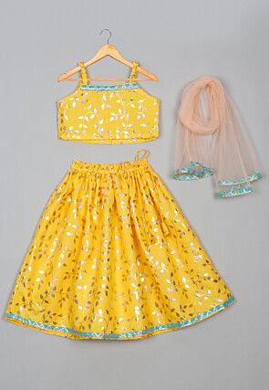 Foil Printed Cotton Lehenga in Yellow