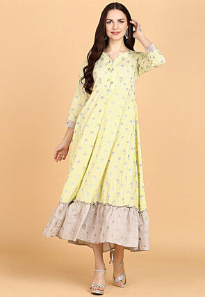 Foil Printed Cotton Long Kurta in Light Yellow