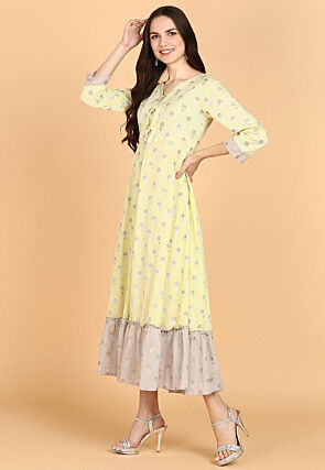 Foil Printed Cotton Long Kurta in Light Yellow