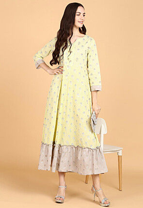 Foil Printed Cotton Long Kurta in Light Yellow