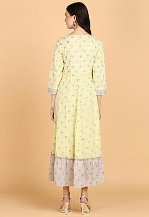 Foil Printed Cotton Long Kurta in Light Yellow
