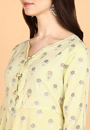 Foil Printed Cotton Long Kurta in Light Yellow