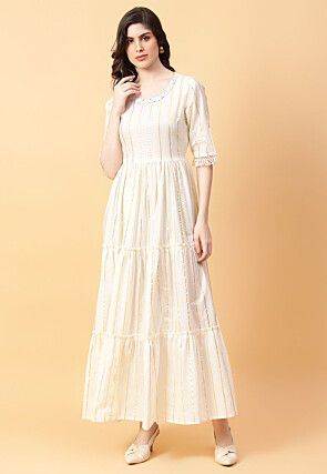 Foil Printed Cotton Maxi Dress in Cream