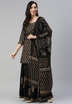 Foil Printed Cotton Pakistani Suit in Black