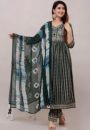 Foil Printed Cotton Pakistani Suit in Dark Green