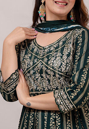 Foil Printed Cotton Pakistani Suit in Dark Green