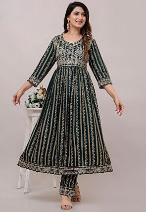 Foil Printed Cotton Pakistani Suit in Dark Green