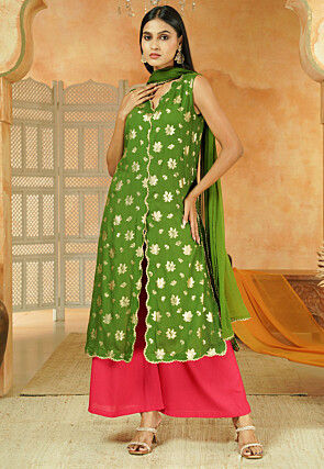 Foil Printed Cotton Pakistani Suit in Green