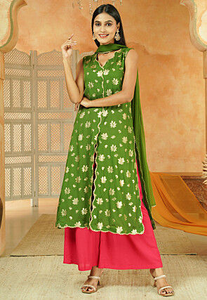 Foil Printed Cotton Pakistani Suit in Green