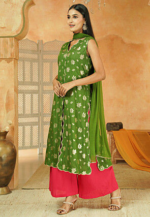 Foil Printed Cotton Pakistani Suit in Green