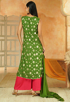 Foil Printed Cotton Pakistani Suit in Green
