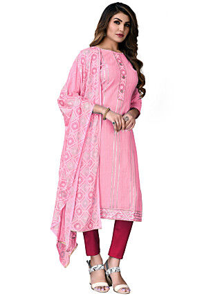 Foil Printed Cotton Pakistani Suit in Light Pink