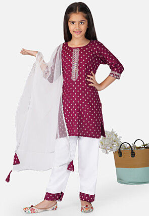 Foil Printed Cotton Pakistani Suit in Maroon