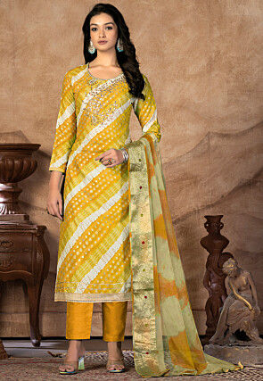 Foil Printed Cotton Pakistani Suit in Mustard