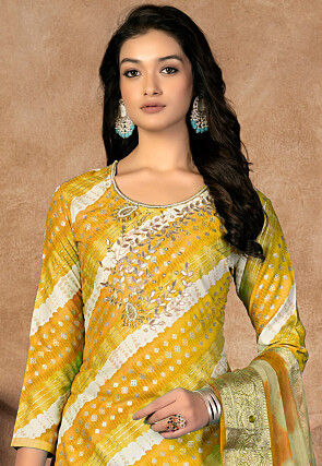 Foil Printed Cotton Pakistani Suit in Mustard