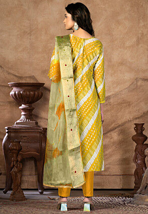 Foil Printed Cotton Pakistani Suit in Mustard