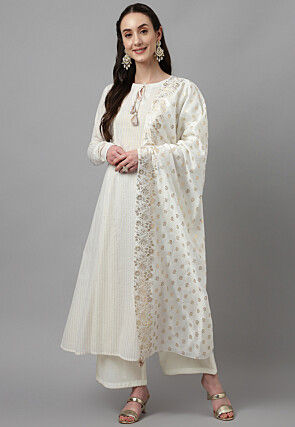 Foil Printed Cotton Pakistani Suit in Off White
