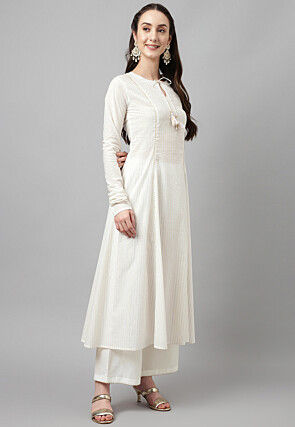 Foil Printed Cotton Pakistani Suit in Off White