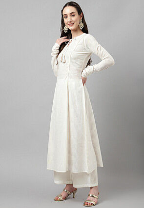 Foil Printed Cotton Pakistani Suit in Off White