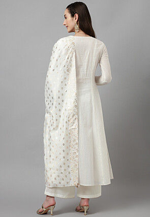 Foil Printed Cotton Pakistani Suit in Off White