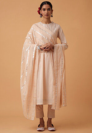 Foil Printed Cotton Pakistani Suit in Peach