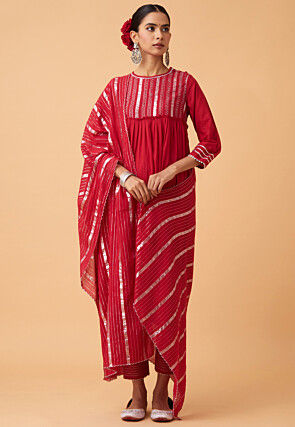 Foil Printed Cotton Pakistani Suit in Red
