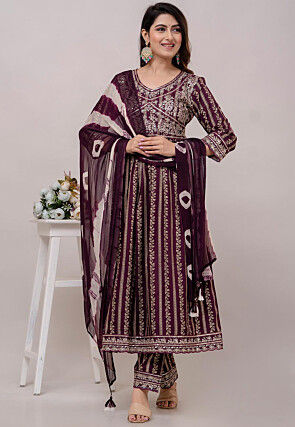 Foil Printed Cotton Pakistani Suit in Wine