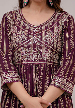 Foil Printed Cotton Pakistani Suit in Wine