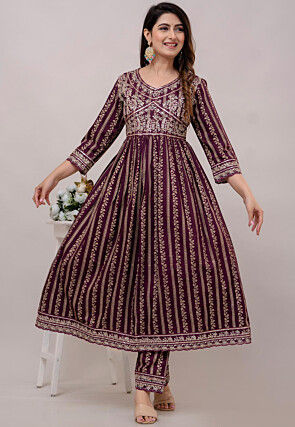 Foil Printed Cotton Pakistani Suit in Wine