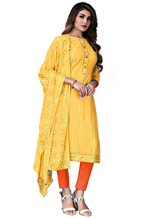 Foil Printed Cotton Pakistani Suit in Yellow