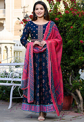 Foil Printed Cotton Rayon Abaya Style Suit in Dark Blue