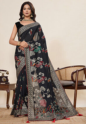 Foil Printed Cotton Saree in Black
