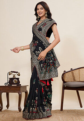 Foil Printed Cotton Saree in Black