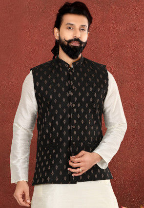 Foil Printed Cotton Silk Jacquard Nehru Jacket in Black