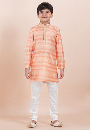 Foil Printed Cotton Silk Kurta Set in Shaded Peach