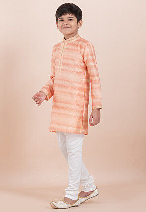 Foil Printed Cotton Silk Kurta Set in Shaded Peach