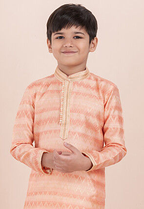 Foil Printed Cotton Silk Kurta Set in Shaded Peach