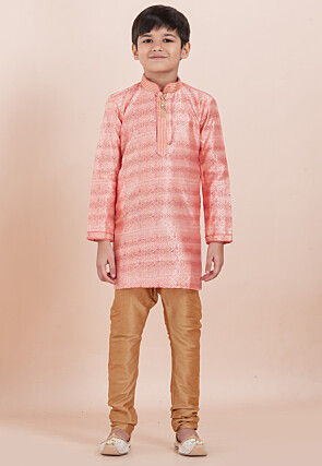 Foil Printed Cotton Silk Kurta Set in Shaded Pink