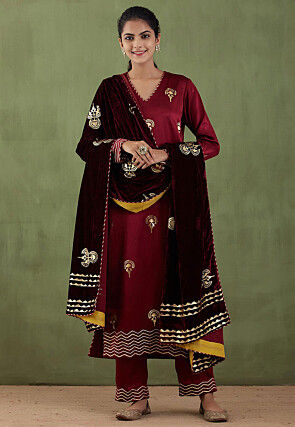 Foil Printed Cotton Silk Pakistani Suit in Maroon