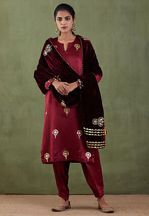 Foil Printed Cotton Silk Pakistani Suit in Maroon