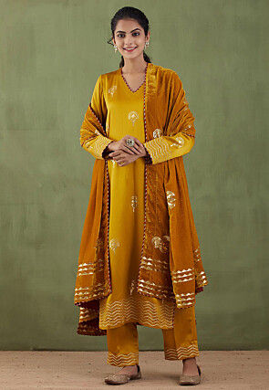 Foil Printed Cotton Silk Pakistani Suit in Mustard