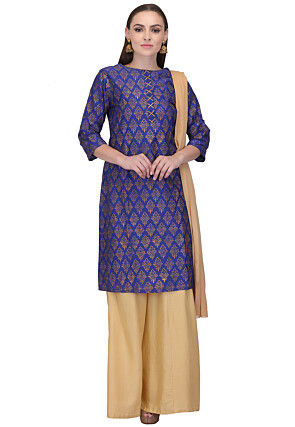 Foil Printed Cotton Silk Pakistani Suit in Royal Blue