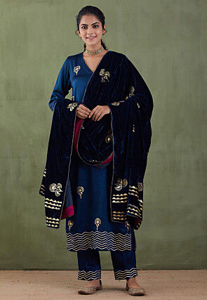 Foil Printed Cotton Silk Pakistani Suit in Teal Blue
