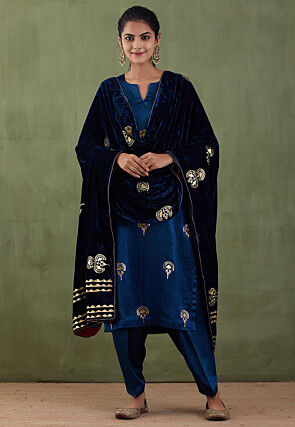 Foil Printed Cotton Silk Pakistani Suit in Teal Blue
