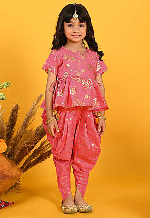 Foil Printed Cotton Silk Peplum Style Top Set in Peach