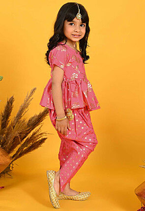 Foil Printed Cotton Silk Peplum Style Top Set in Peach