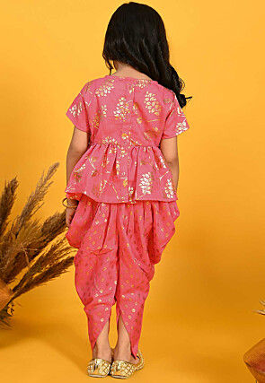 Foil Printed Cotton Silk Peplum Style Top Set in Peach