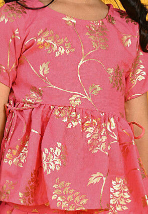 Foil Printed Cotton Silk Peplum Style Top Set in Peach