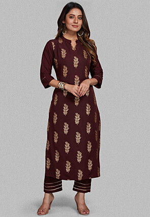 Foil Printed Cotton Silk Straight Kurta Set in Brown